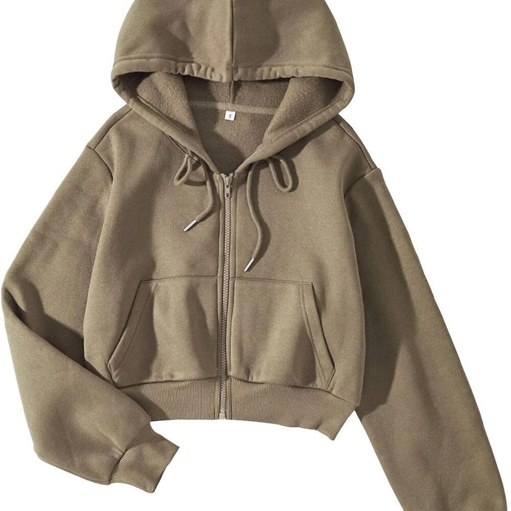 Women Fleece Full Zip Up Cropped Hoodie Sweatshirt 90s Long Sleeve Drawstring Ho